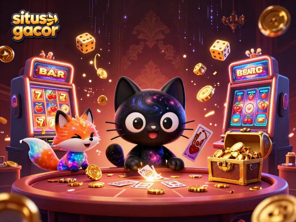 Engage with situs slot gacor in this vibrant cosmic casino scene featuring a black hole cat and fox.