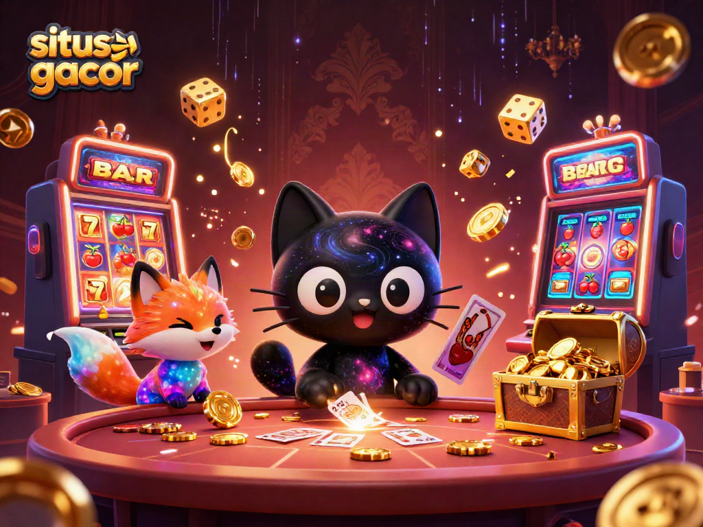 Engage with situs slot gacor in this vibrant cosmic casino scene featuring a black hole cat and fox.