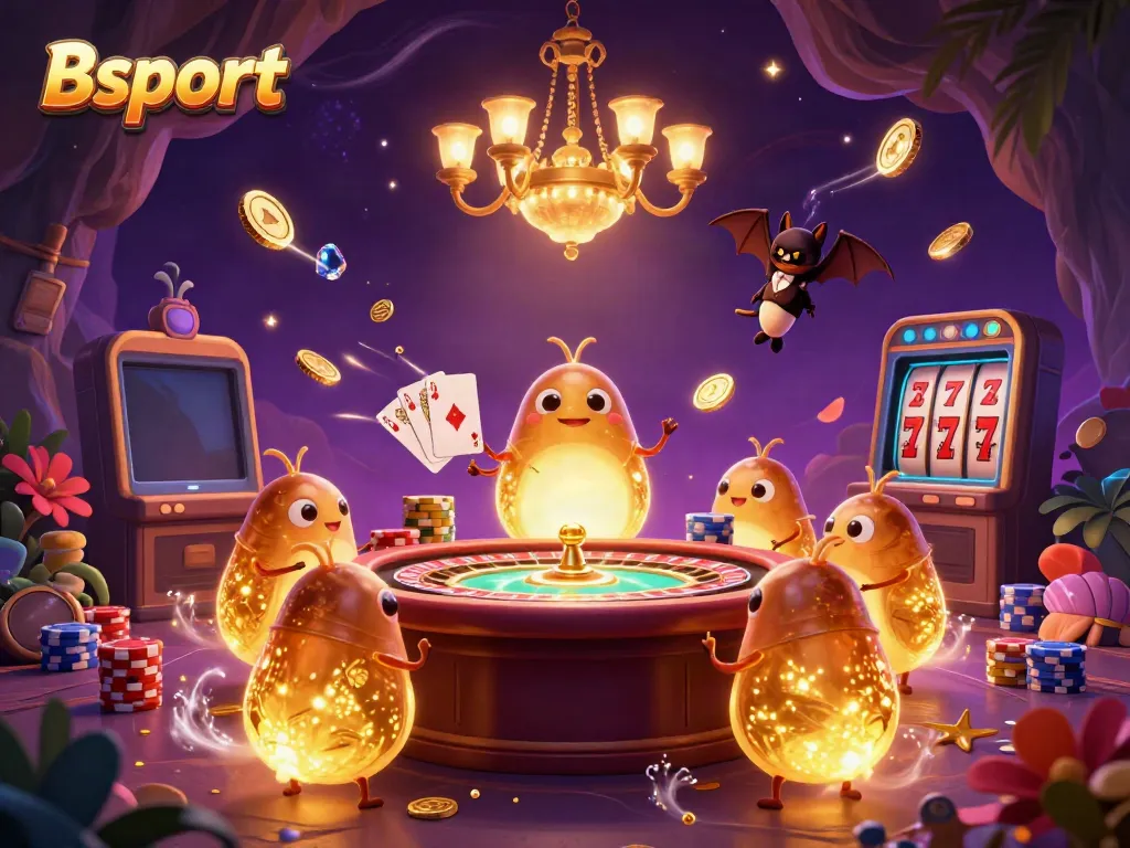 Experience Bsport's vibrant cave casino filled with glowing characters and dazzling game elements.