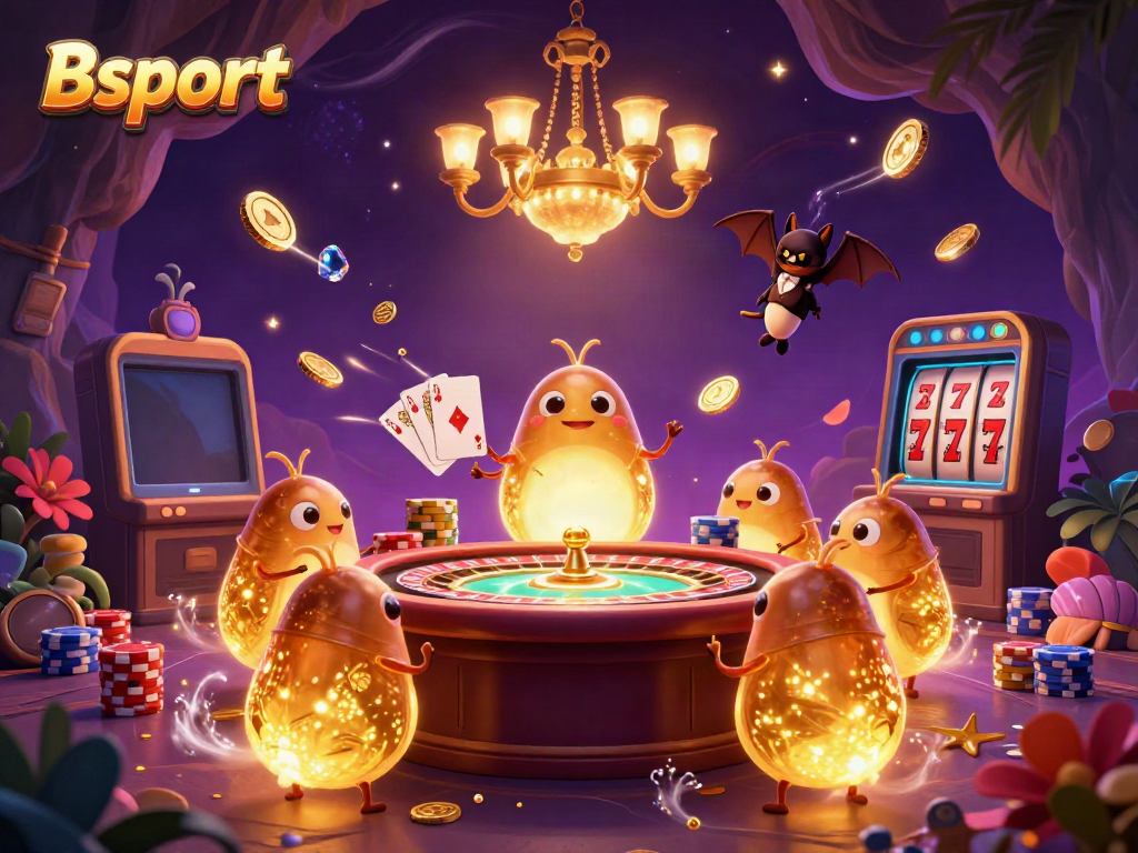 Experience Bsport's vibrant cave casino filled with glowing characters and dazzling game elements.