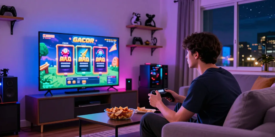 Player enjoying slot gacor game in cozy living room with vibrant LED lights and collectibles.