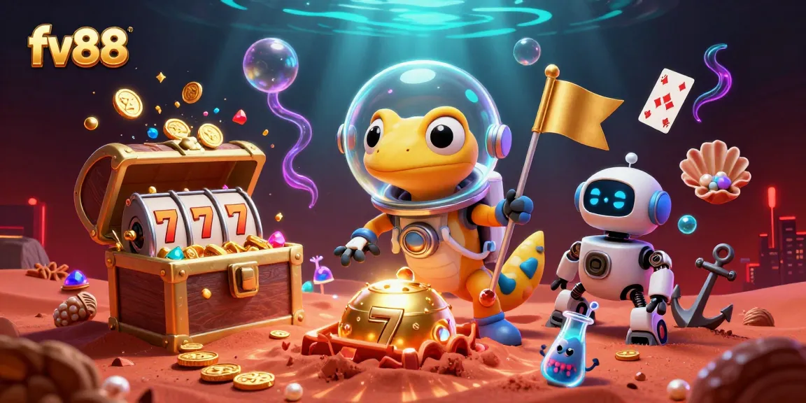 Win big at fv88 with a fun scene of a Martian gecko exploring a vibrant casino in a dynamic 3D setting.