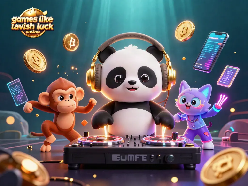 Engage with games like lavish luck casino in this lively 3D scene featuring a DJ panda and dancing characters.
