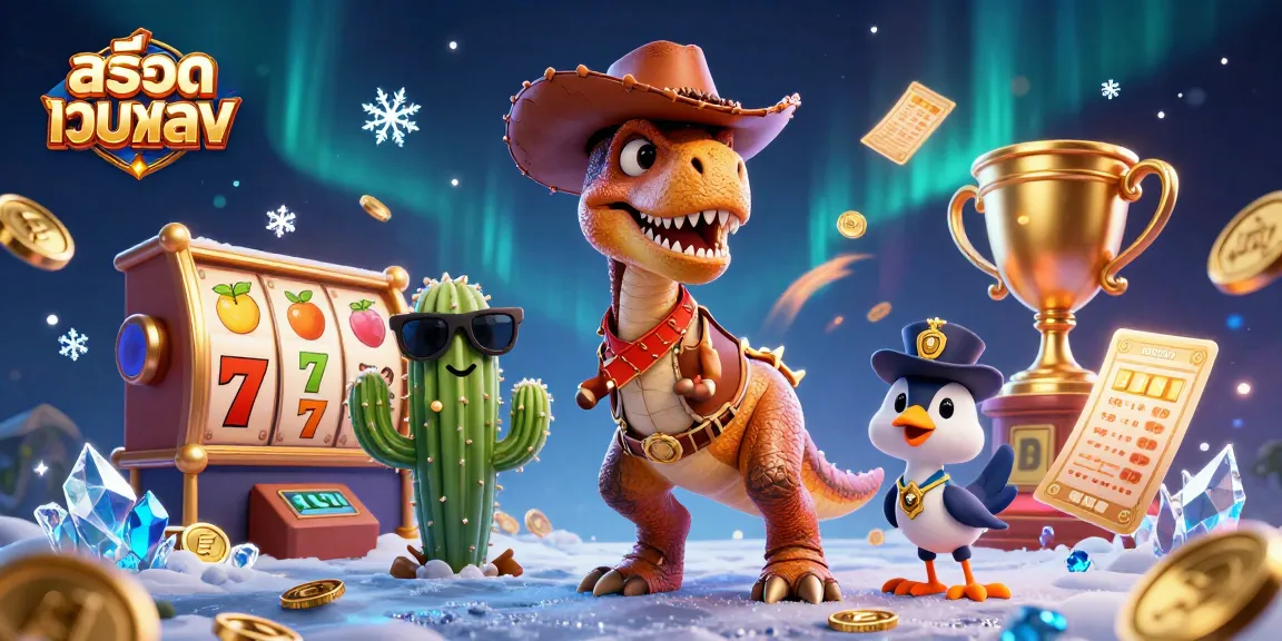 Play slots online at สล็อตเว็บตรง with fun cartoon characters in a vibrant 3D casino scene.