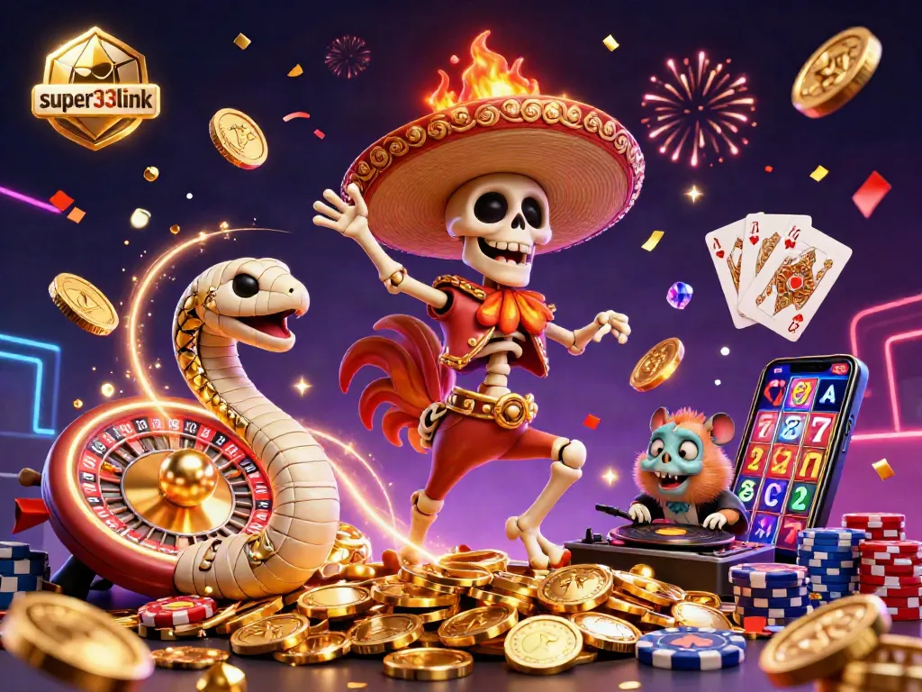 Celebrate with super33link featuring a joyful mariachi rooster, mummy snake, and DJ hamster amidst casino games.