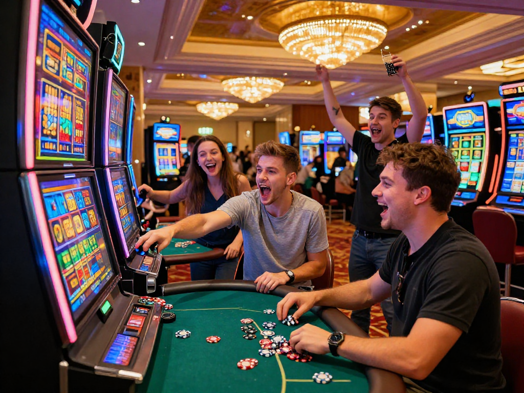 Excited players celebrating a potential slot jackpot win in a vibrant casino.