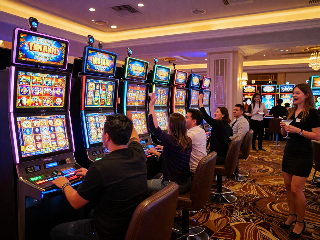 Excited players celebrating a slot jackpot win in a vibrant casino.
