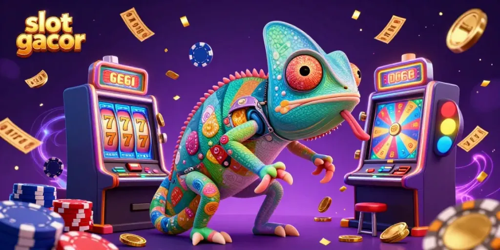 Experience the thrill of slot gacor with an energetic chameleon casino owner in a vibrant, colorful jackpot scene.