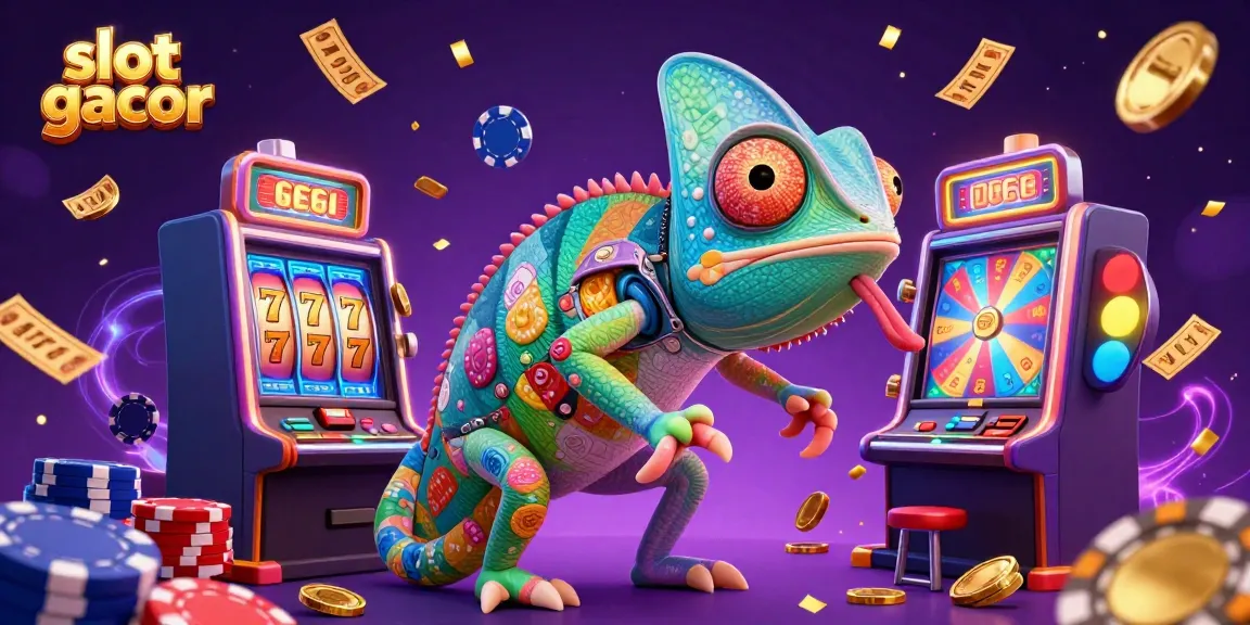 Experience the thrill of slot gacor with an energetic chameleon casino owner in a vibrant, colorful jackpot scene.