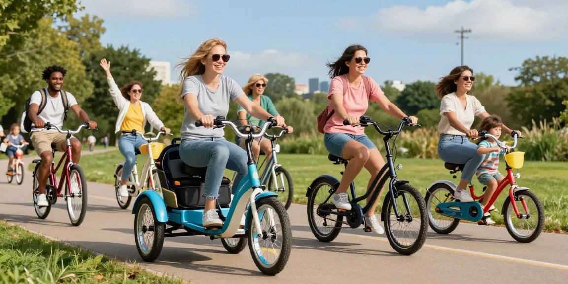 Adults enjoying tricycles in a sunny park, showcasing electric and traditional designs for a lively outdoor scene.