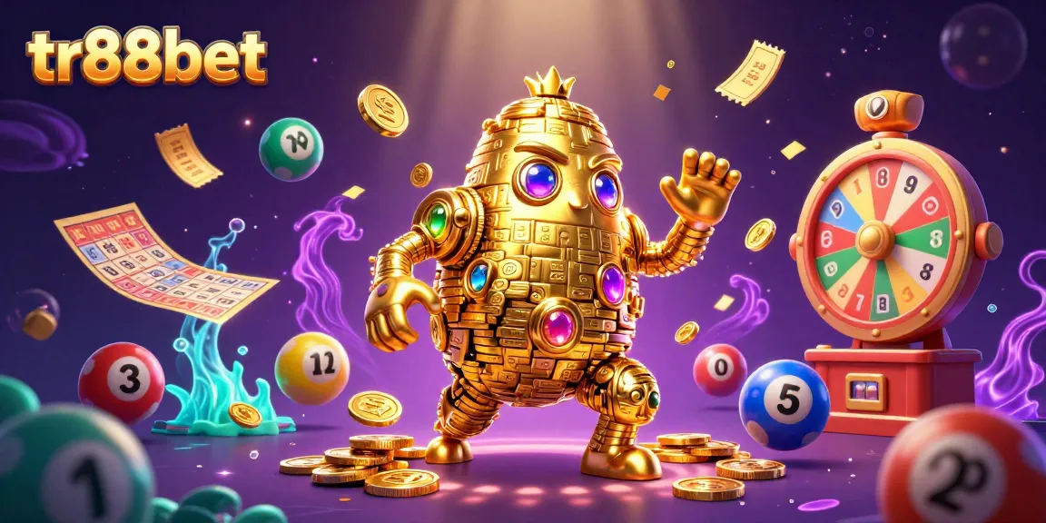 Experience the exciting world of tr88bet with an ancient golden golem surrounded by vibrant gaming elements.