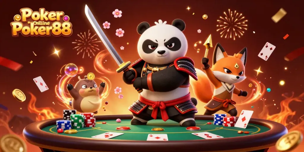 Poker Online Poker88 features a fierce samurai panda and ninja fox with poker elements in action.