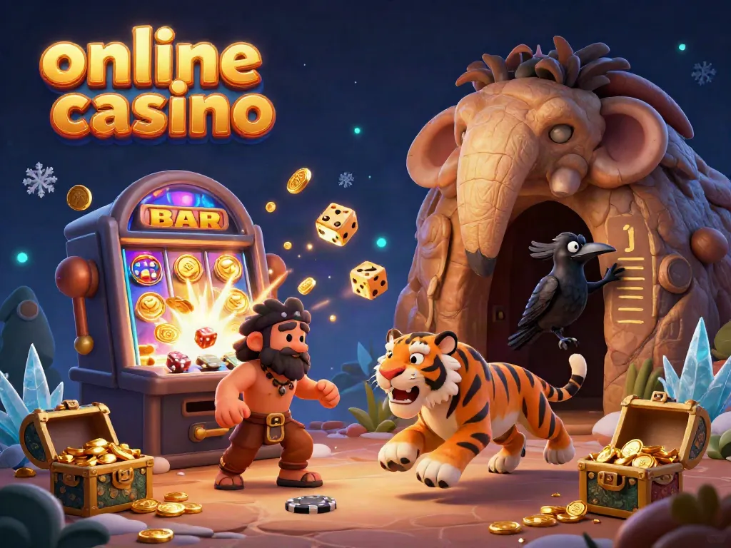 Experience the excitement of an online casino in a vibrant prehistoric setting with a caveman, sabertooth tiger, and clever crow.