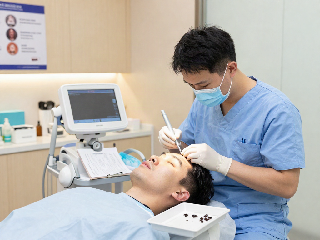 Hair Transplant Malaysia: Skilled surgeon performing SMART™ FUE hair transplant in a modern clinic.