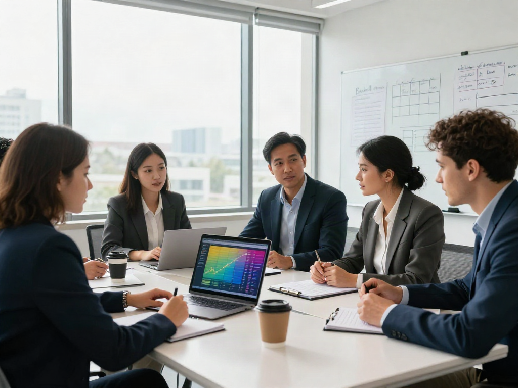 Team of financial advisors collaborating on banorte empresas strategies in a bright office.