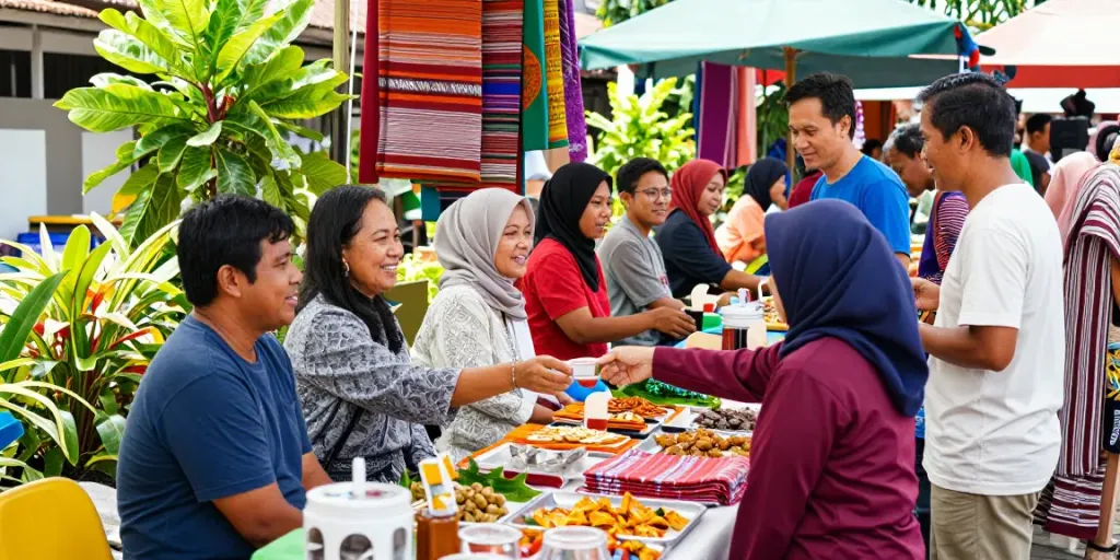 Community members engaging with local products at ROKOK88 market.