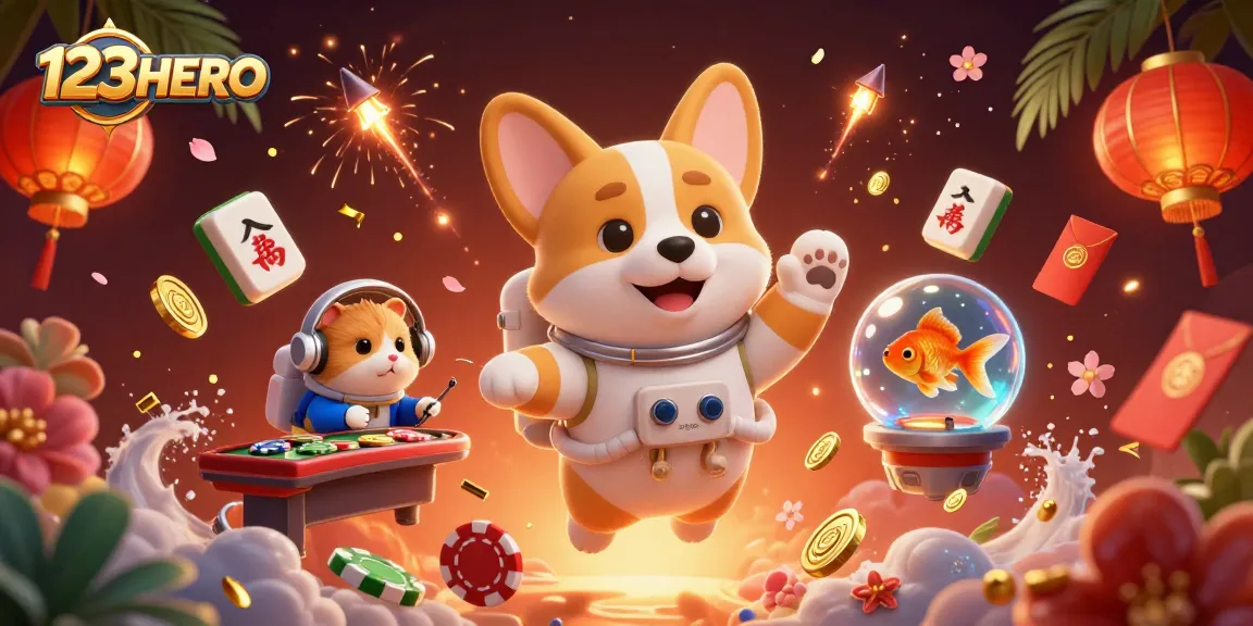 Engage with 123HERO in a vibrant space casino featuring colorful characters and dynamic gambling elements.