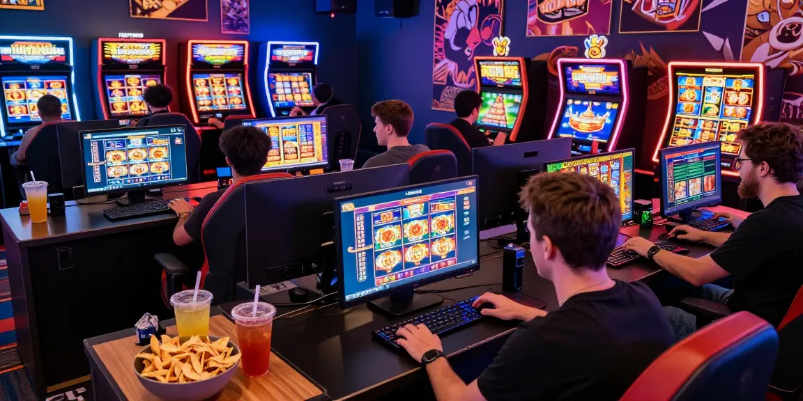 Para pemain judi slot online dengan layar berwarna-warni dan suasana energik.