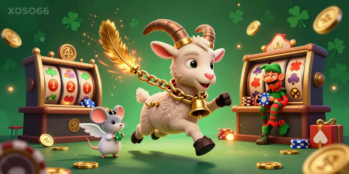 XOSO66 captures excitement with cartoon characters in a festive casino scene, emphasizing slots and vibrant betting elements.