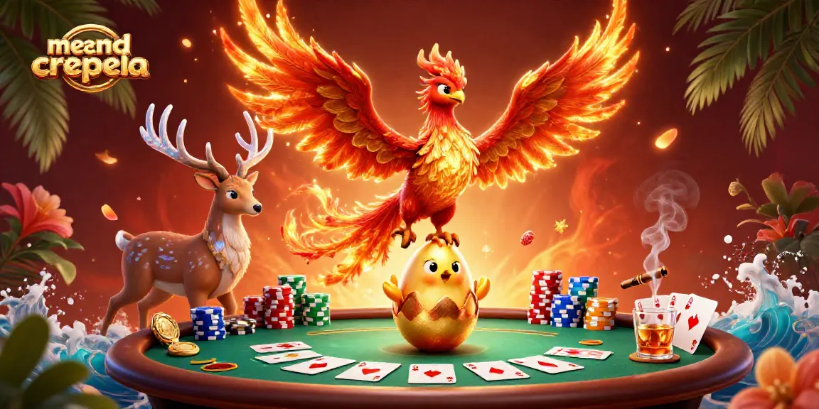 Mengambil kasino dengan permainan poker yang mendebarkan di meandcrepela, menampilkan phoenix berapi dan elemen ceria lainnya.