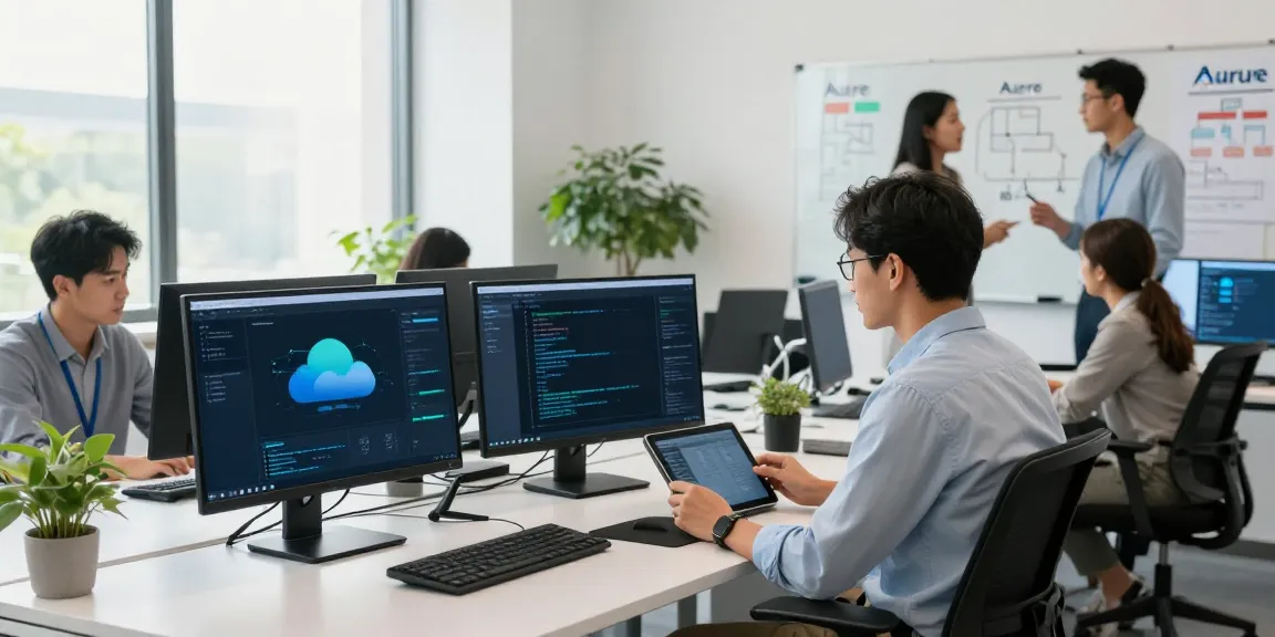 Team of Azure engineers collaborating in a modern office, showcasing azure managed services in action.