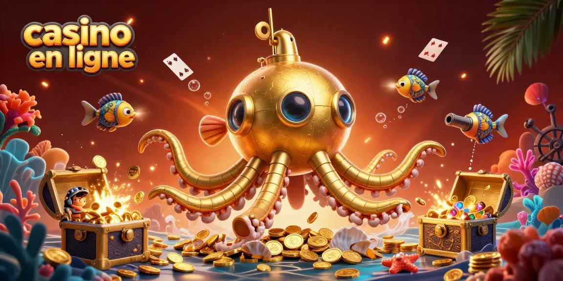 Le kraken doré émerge d'une mer de pièces, illustrant l'univers du casino en ligne.