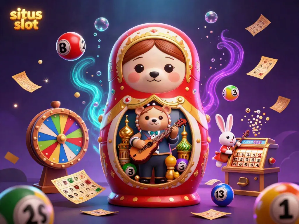 Engage with situs slot excitement in a vibrant scene featuring bears and lottery elements.