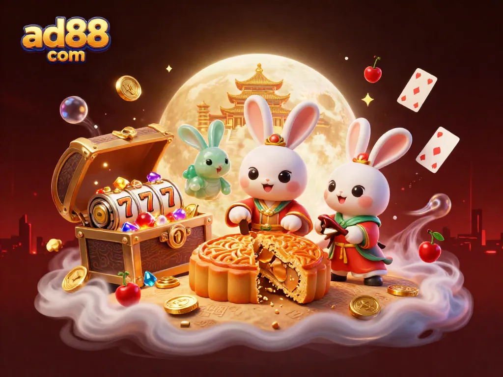 Spin and win big with ad88 com's vibrant 3D casino scene featuring moon rabbits and slot reels.