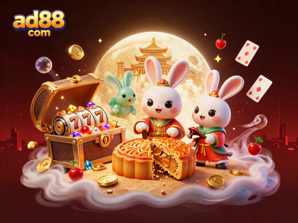 Spin and win big with ad88 com's vibrant 3D casino scene featuring moon rabbits and slot reels.