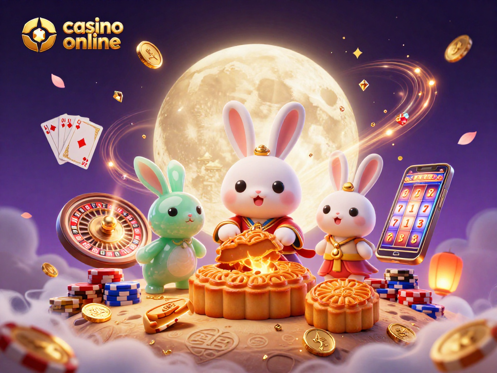 Experience thrilling casino online action with playful moon rabbits revealing poker chips and magical landscapes.