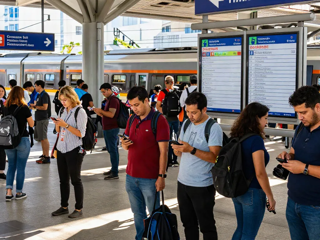Commuters at a train station during train strikes, checking updates and discussing delays.