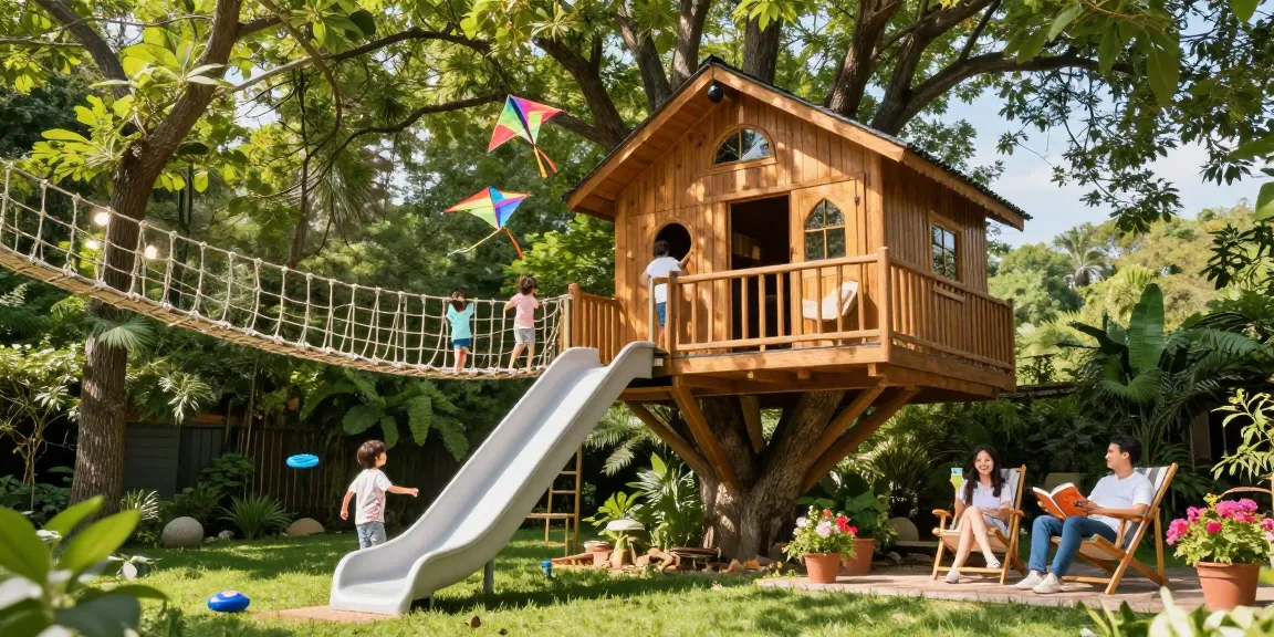 Experience the joy of tree house life with family playing in a wooden tree house surrounded by nature.