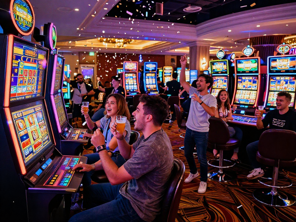 Celebrating a slot jackpot win at a casino with friends, vibrant atmosphere.