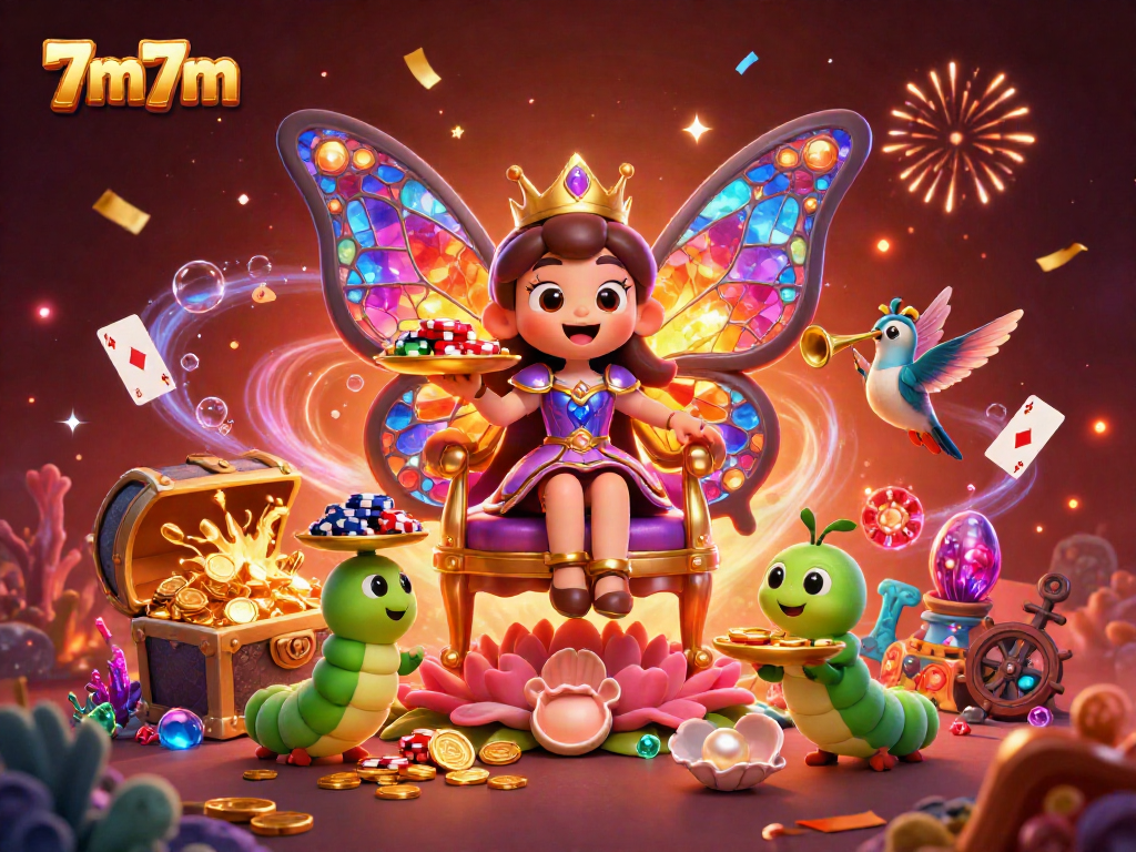 Experience the dynamic energy of 7m7m with a colorful casino-themed illustration featuring a butterfly queen and casino elements.