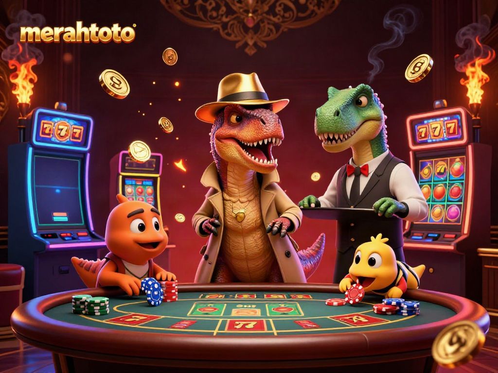 Merahtoto menampilkan kasino slot 3D dengan karakter kartun dino yang unik dan elemen permainan yang mencolok.