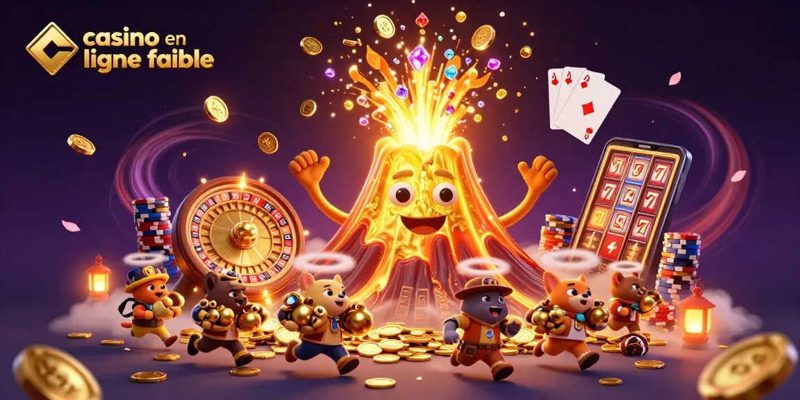 Retrouvez des jeux sur un casino en ligne fiable avec un volcan doré éruptant des trésors dans un décor festif.