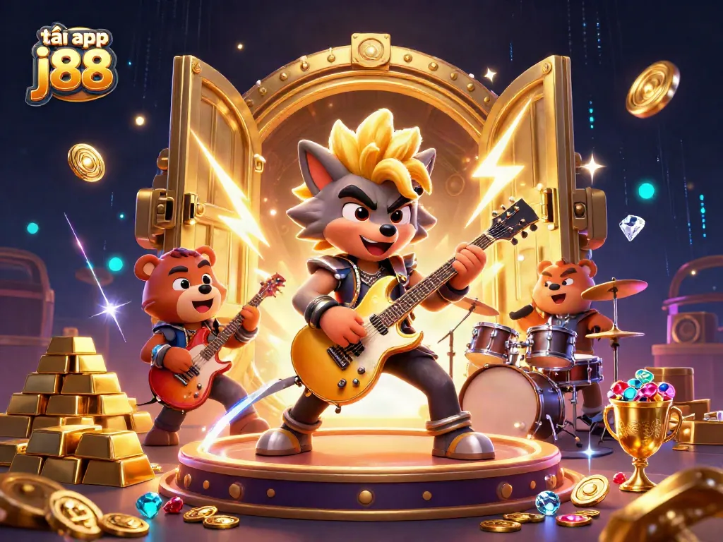 Exciting scene showcasing the tải app j88 experience with rock star wolf and drummer bear in a vibrant casino setting.