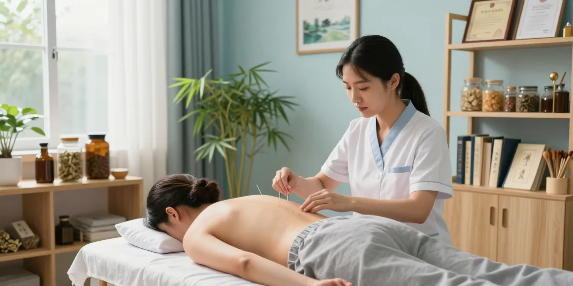 Effective treatment at 수원교통사고한의원 with acupuncture session in serene clinic setting, highlighting holistic healing approach.