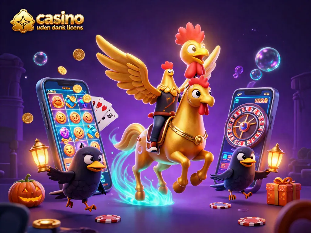 Experience the thrill of playing at a casino uden dansk licens with a magical midnight scene featuring a golden rooster riding a spectral horse.