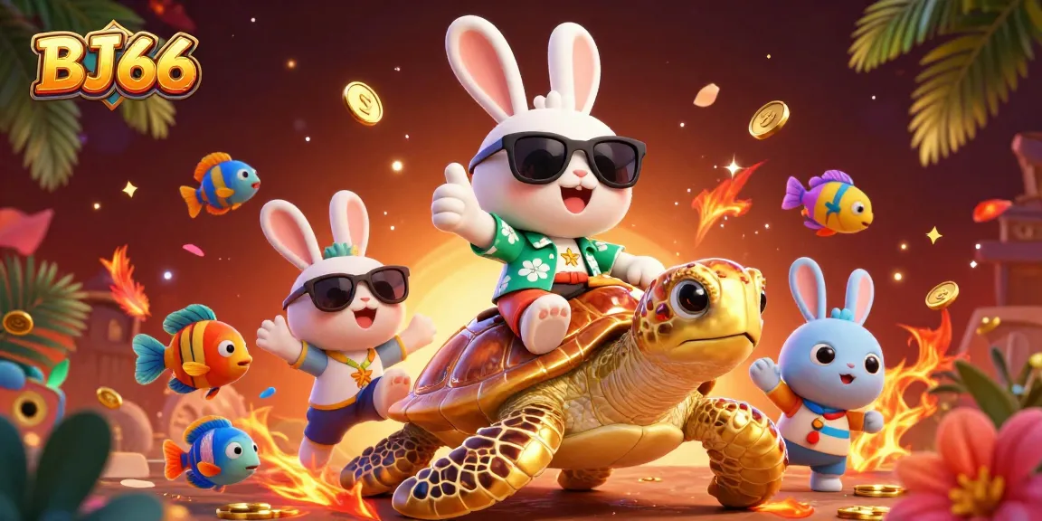 BJ66 captures the excitement of online cockfighting with a playful rabbit and a golden turtle amid vibrant, dynamic elements.