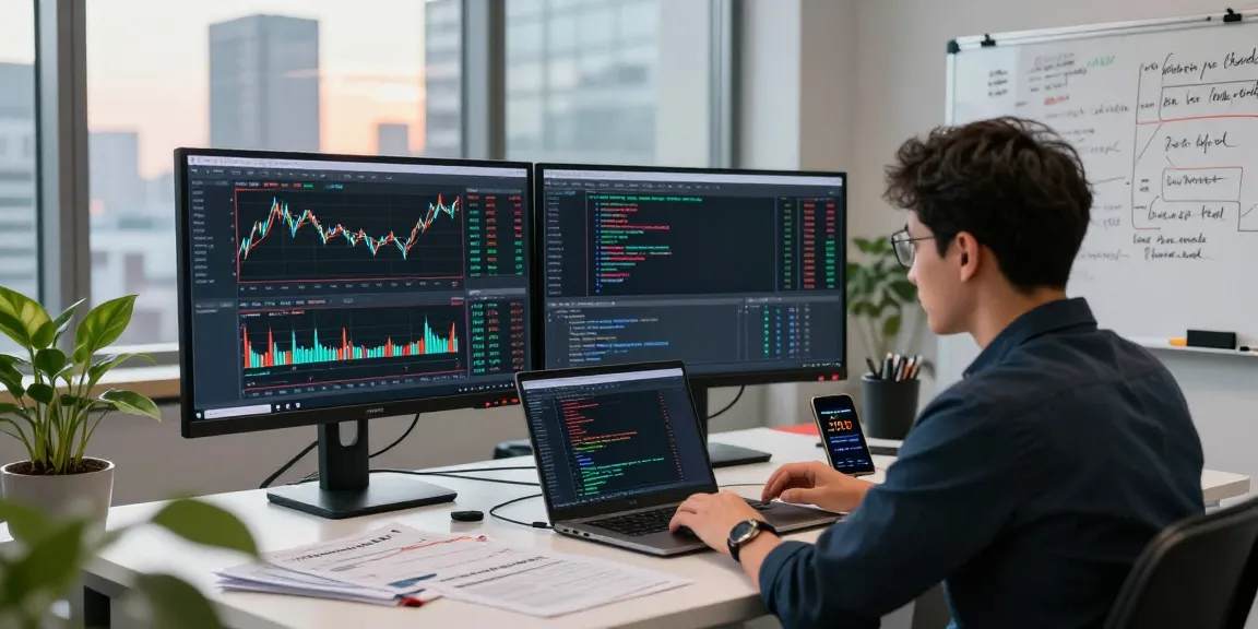 Analysis of MT5 trading charts and automated scripts in a modern office.