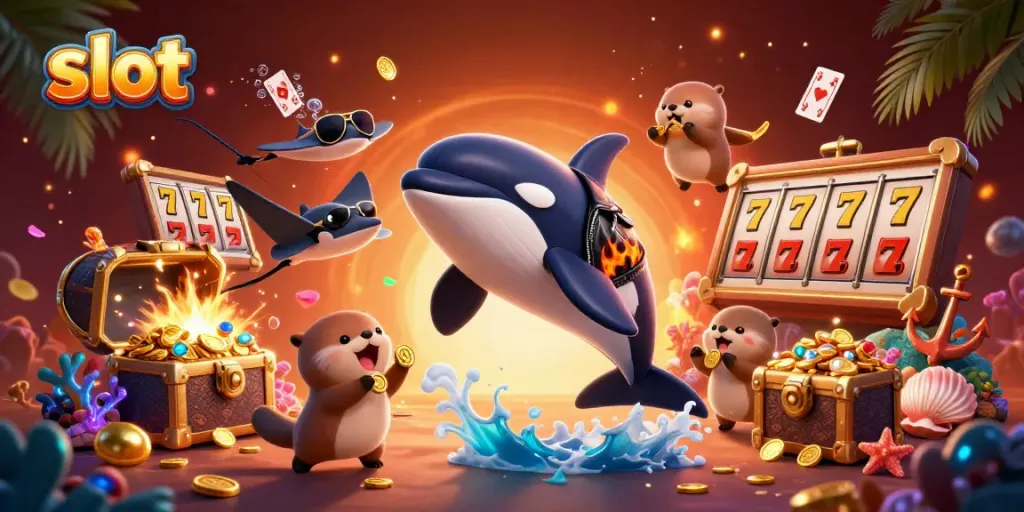 Slot menarik dengan karakter paus orca dan lumba-lumba di dalam permainan, mengumpulkan koin emas.