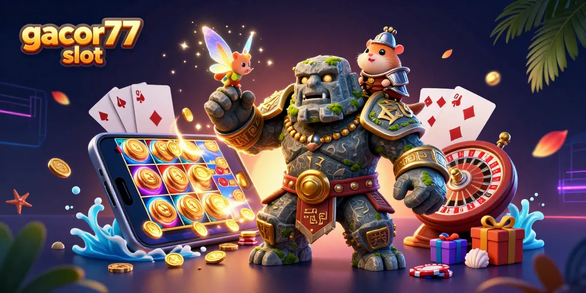 Menangkan gacor77 slot dengan karakter si golem beruang dan peri di dunia permainan neon yang menawan.