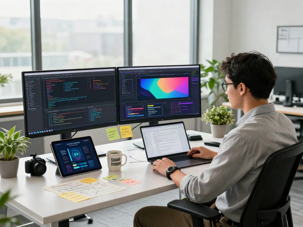 Developer using document fraud detection software in a modern workspace.