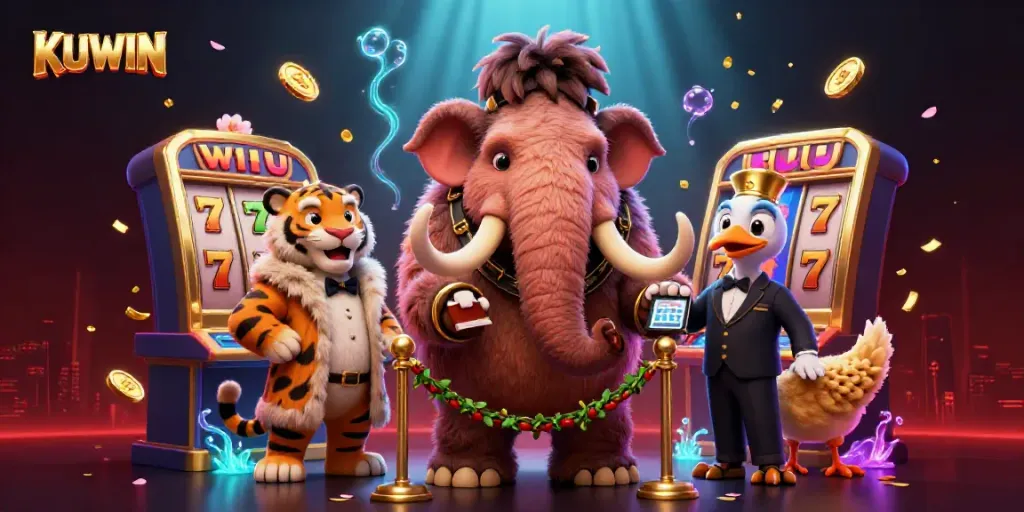Experience gaming excitement at KUWIN with a vibrant and dynamic casino scene featuring unique cartoon characters.