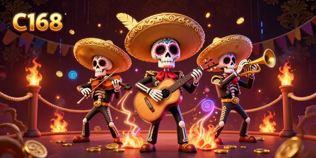 Engage with C168 in this vibrant 3D casino scene featuring musical skeletons amid betting tokens and flames.