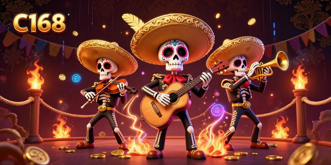 Engage with C168 in this vibrant 3D casino scene featuring musical skeletons amid betting tokens and flames.