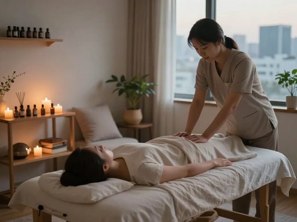 서울출장마안마 relaxation massage setup in a tranquil apartment environment, inviting ambiance.