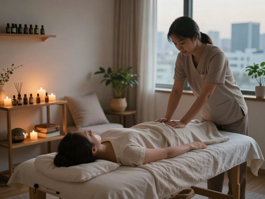 서울출장마안마 relaxation massage setup in a tranquil apartment environment, inviting ambiance.