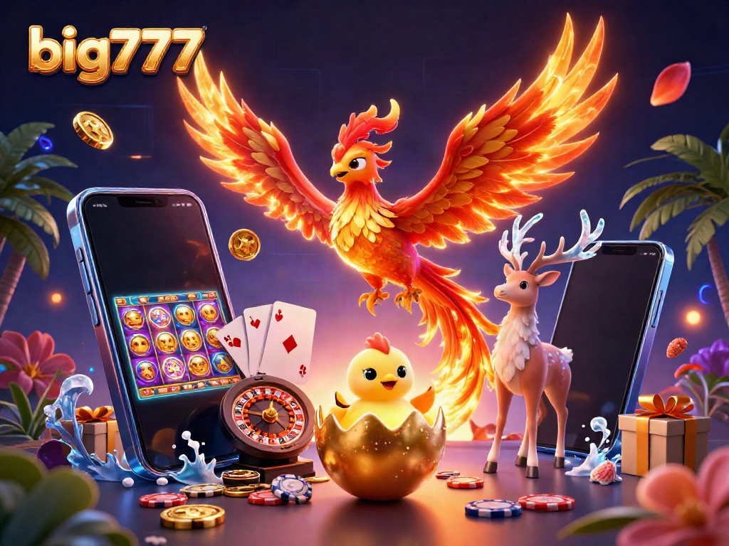 Enjoy thrilling gameplay with big777 as a fire phoenix soars above vibrant slot reels and casino elements.